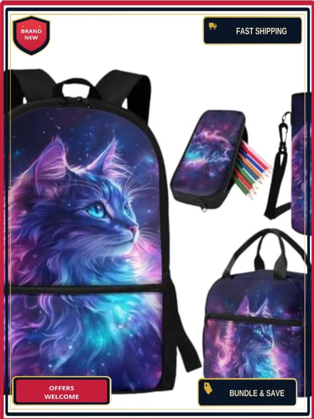 Galaxy Cat Backpack with Lunch Box Set for Girls Kids School Bookbag Pencil